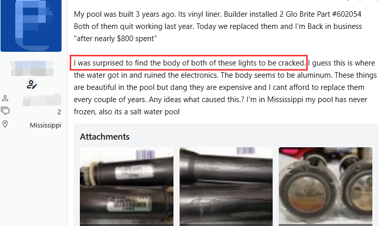 Amazon reviews showing Pentair Globrite cracking