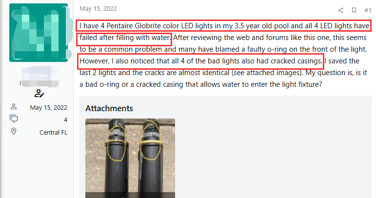 Amazon reviews showing Pentair Globrite cracking