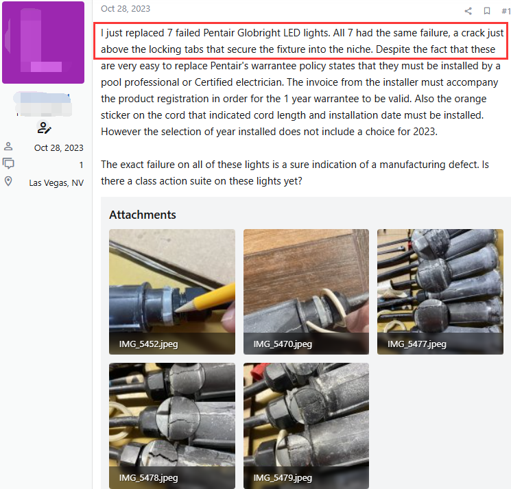 Amazon reviews showing Pentair Globrite cracking