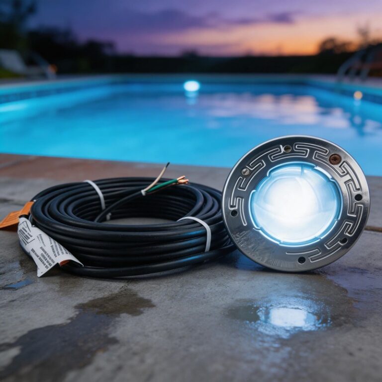 A thick heavy-gauge copper wire next to a glowing LED pool light fixture on a wet deck, illustrating the correct AWG wire size needed to prevent voltage drop in 12V pool lighting systems