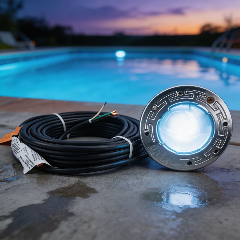 A thick heavy-gauge copper wire next to a glowing LED pool light fixture on a wet deck, illustrating the correct AWG wire size needed to prevent voltage drop in 12V pool lighting systems