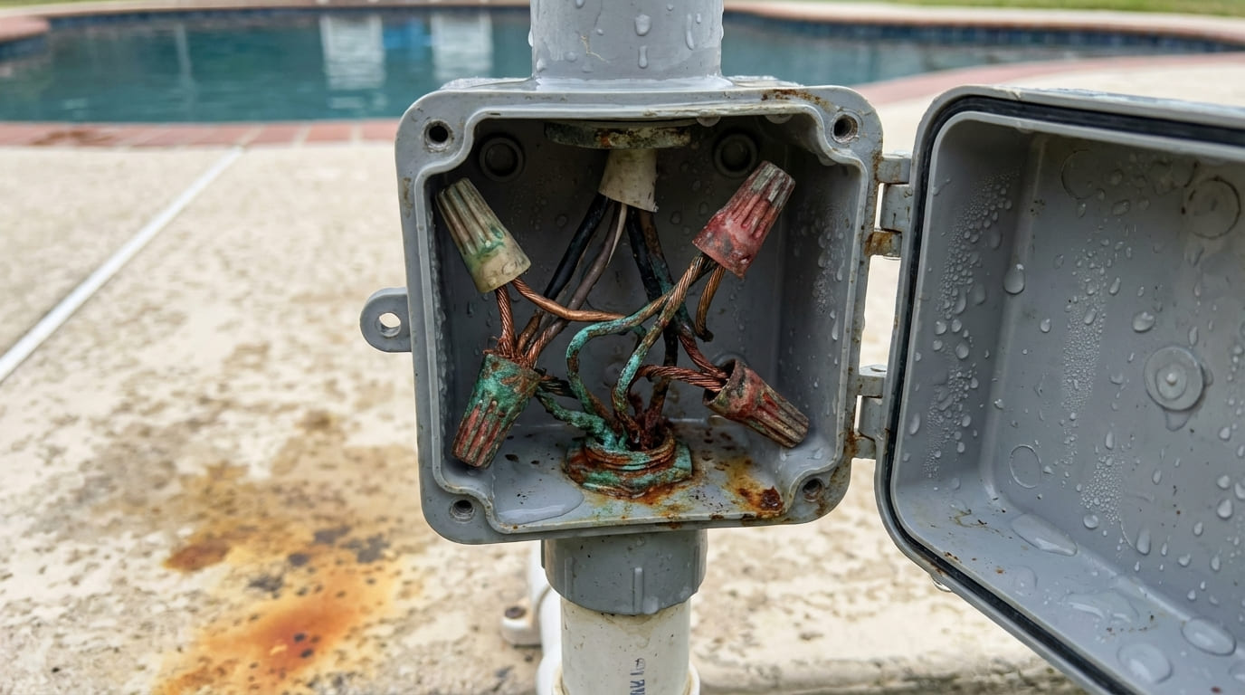 pool deck junction box moisture inspection