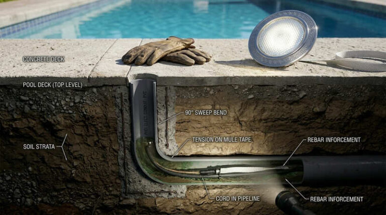 Expert guide on safely pulling a new pool light cord through an underground PVC conduit without breaking it using mule tape
