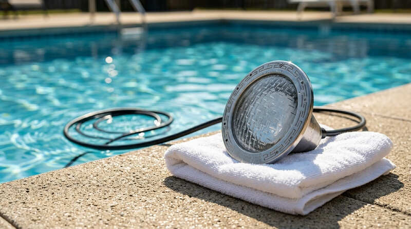 Expert guide cover image showing how to replace a pool light without draining the water using the dry deck method, featuring a pool light resting on a full swimming pool deck