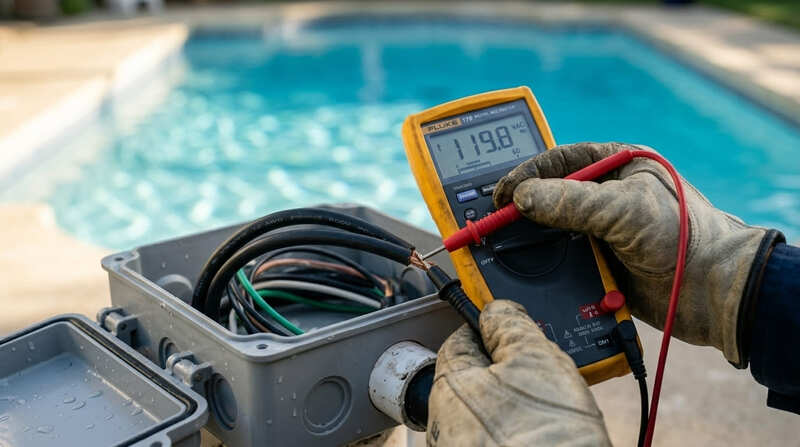 multimeter testing voltage drop at pool light junction box