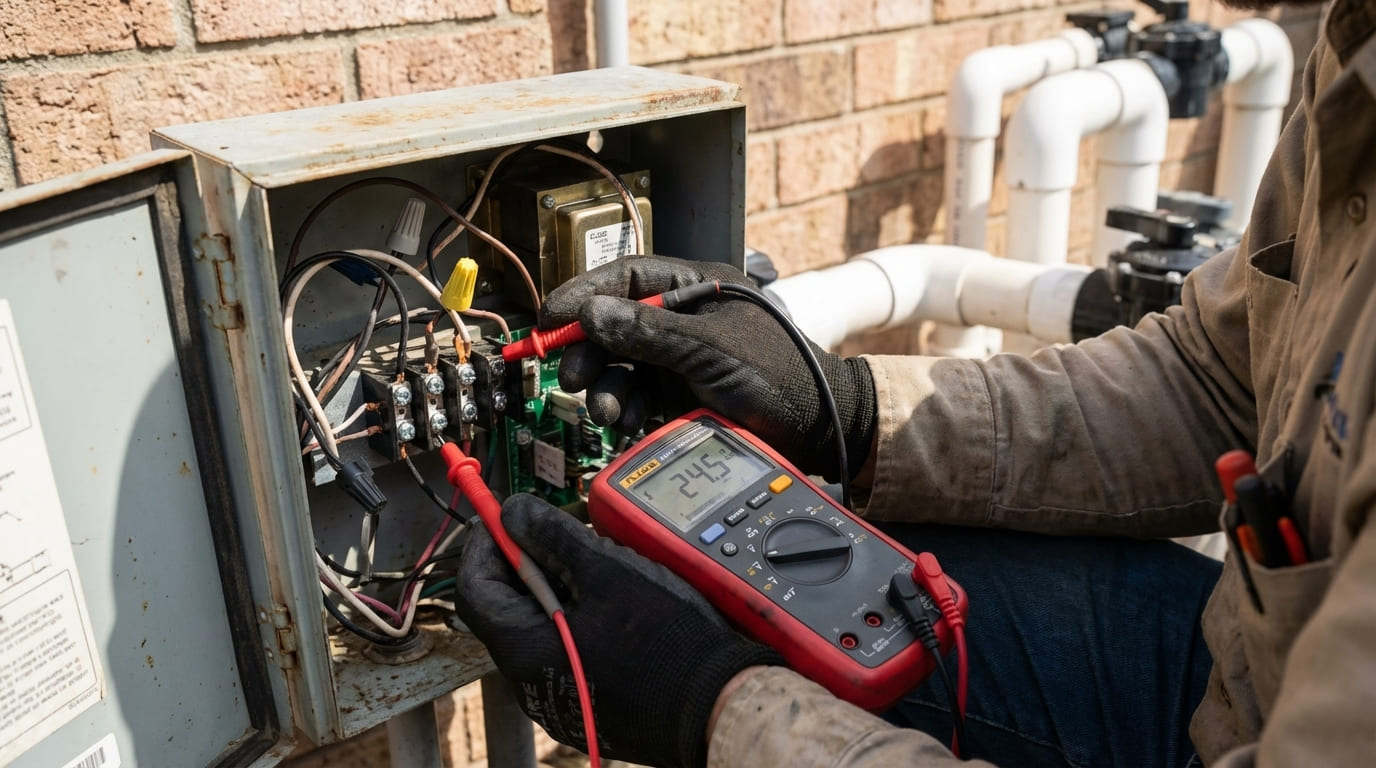 Image: Multimeter testing pool light transformer voltage
