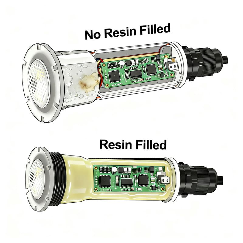 Resin-filled pool light interior construction
