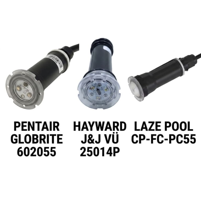 Comparison of Pentair GloBrite, J&J VÜ Retro, and resin-filled aftermarket nicheless pool light replacement options